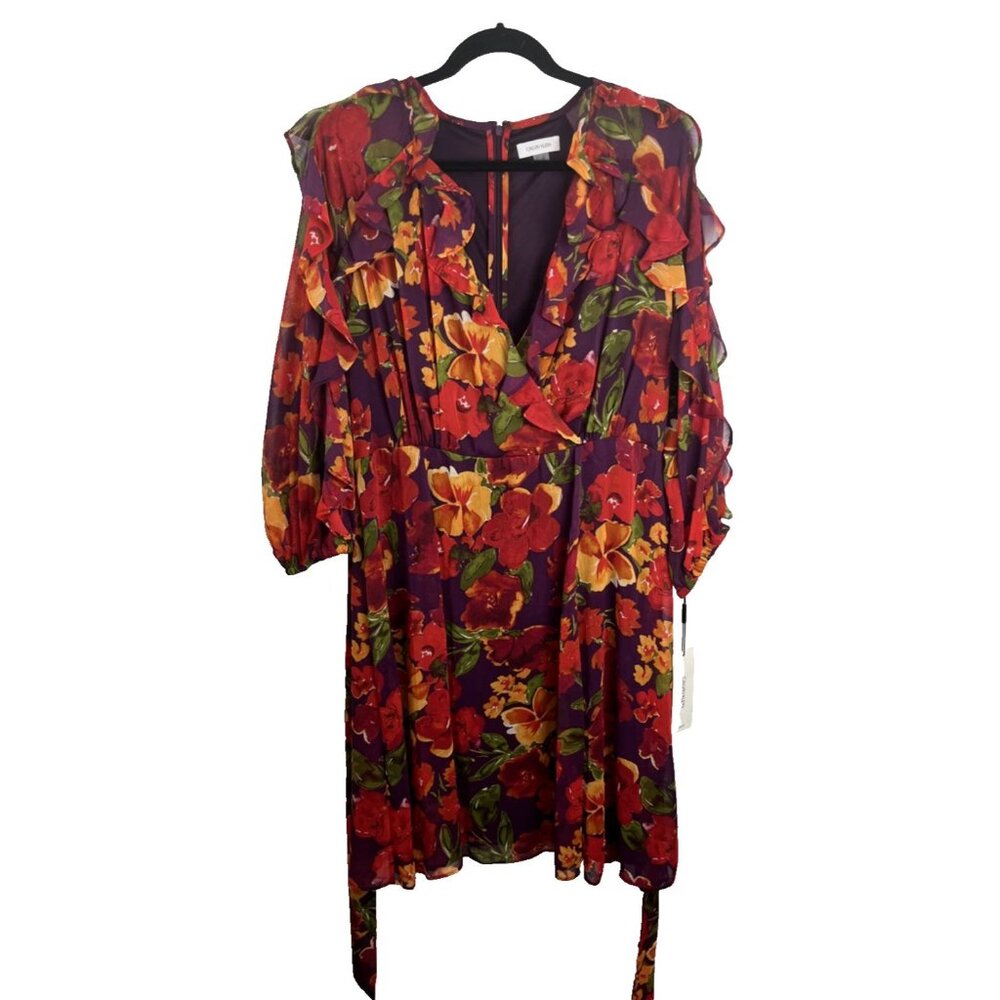 Calvin Klein NWT Floral Fall Colours Sleeveless Ruffled Dress Women's Size 14